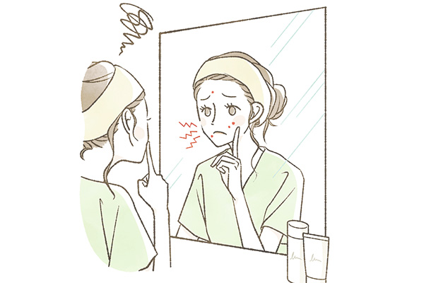 繰り返す大人ニキビを改善したい女性のイラスト