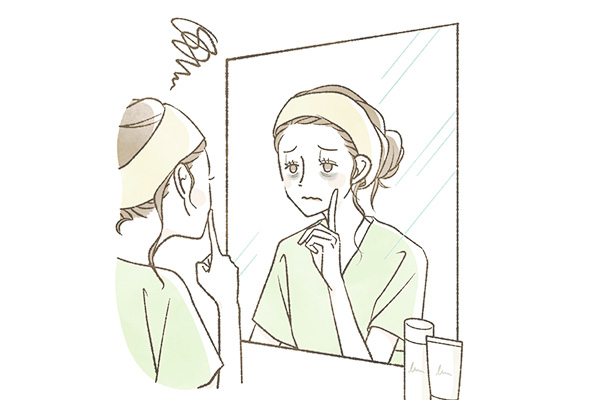 エイジングサインの乾燥・シミ・しわが気になる女性のイラスト